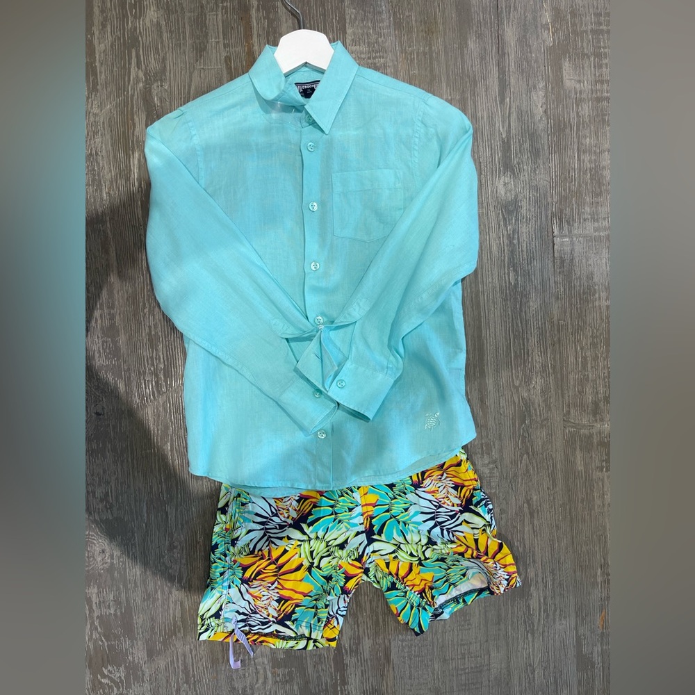 Vilebrequin Boys’ Swim Trunks + Linen Turquoise Button-Up Shirt